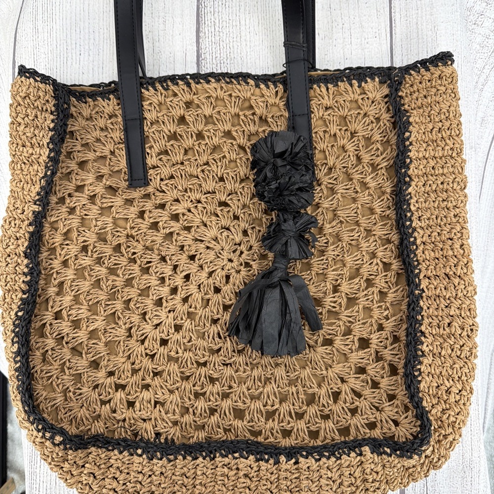 Rachel Zoe Tote Braided Natural Raffia Tassel Bag Tan Brown Beachy Summer Boho